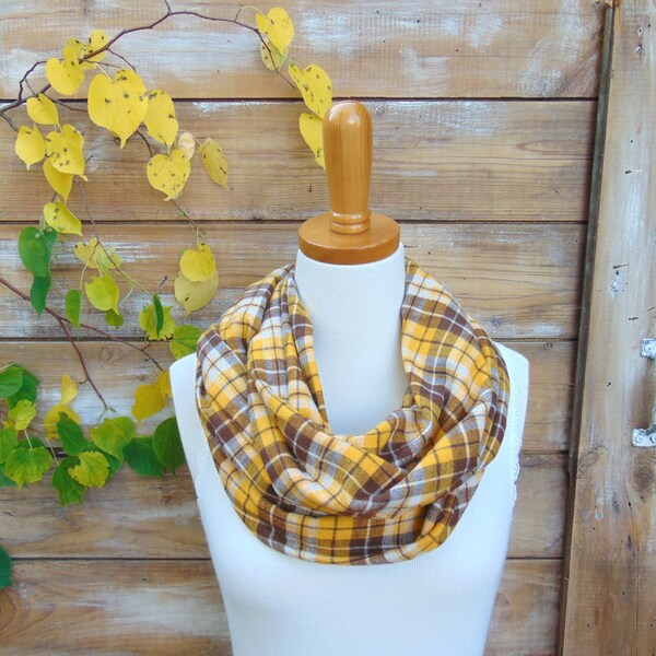 Plaid Infinity Scarf in Mustard and Dark Brown, Flannel Infinity Scarf, Plaid Circle Scarf, Flannel Loop Scarf, Fall Scarf, Autumn Fashion