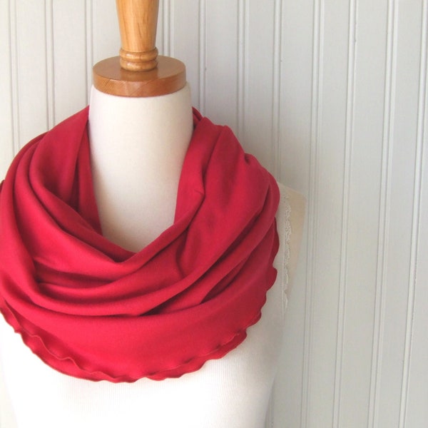 Holly Berry Red Infinity Scarf Ruffled Jersey Circle Valentine Scarf - Loop Scarf , Cowl Scarf Winter Fashion