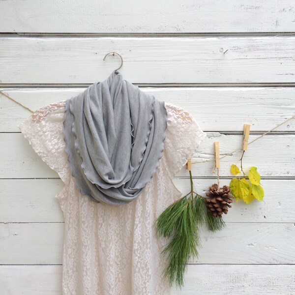 Grey Scarf with Ruffles, Infinity Scarf, Heather Gray Scarf, Women Scarf, Fall Scarf, Winter Scarf, Circle Scarf, Gift for Her