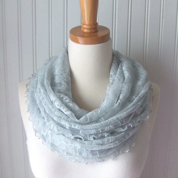 Last One - Dove Grey Ruffled Lace Infinity Scarf - Pale Gray Lace Ultra Soft Circle Loop Cowl - Spring and Summer Fall and Winter Fashion