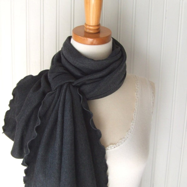 Charcoal Grey Jersey Scarf, Cotton Jersey Ruffled Scarf in Dark Gray, Fall Scarf, Winter Fashion Gift Under 20