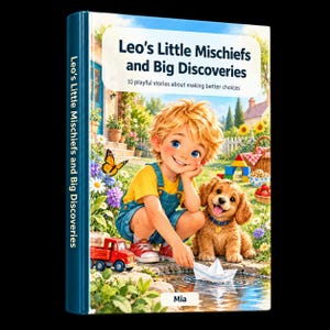 May include: A hardback book titled Leo's Little Mischiefs and Big Discoveries: 10 playful stories about making better choices. The cover features a blonde child in blue overalls and a yellow shirt with a puppy by a pond with a paper boat.