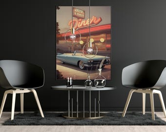 Retro Diner Car Print | Mid-Century Neon Wall Art (Digital Download)