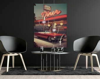 Retro Diner Convertible Car Print | 60s Auto Wall Art (Digital Download)