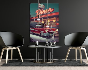 Vintage Classic Car Wall Art | Retro Diner Neon Print | 50s Car Illustration | Mid-Century Americana Decor | Digital Download