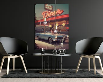 Retro Diner Convertible Car Print | Vintage Neon Wall Art (Digital Download)
