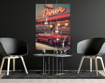 Retro Diner Car Art Print | Vintage Convertible Illustration (Digital Download)