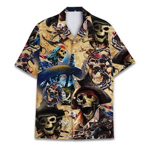 Retro Tropical Skull Hawaiian Shirts for Men Casual Aloha Skull Mens Hawaiian Shirts Short Sleeve Button Down Shirt