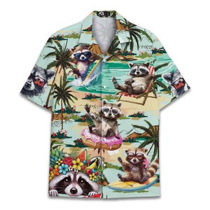 Funny Summer Beach Raccoon Hawaiian Shirt For Men Vacation Flamingo Donut Mens Hawaiian Shirts Short Sleeve Button Down Shirt