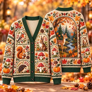 May include: A cream-colored knit cardigan with dark green trim featuring a woodland theme. The design includes panels of a rabbit, squirrel, hedgehog, and birds, alongside mushrooms, pumpkins, and a large back panel depicting a deer in a forest.