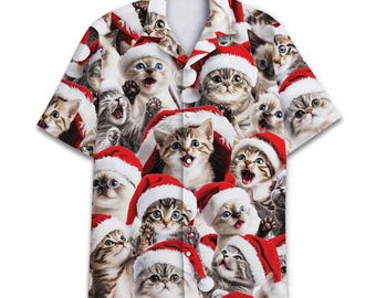 Funny Christmas Cat Hawaiian Shirt - Men's Short Sleeve Button Down