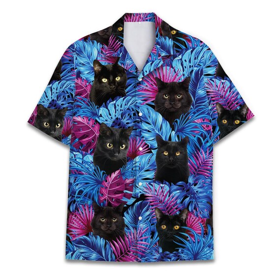 Black Cat Pattern Cat Print Button Up Shirt Tropical Black Cat