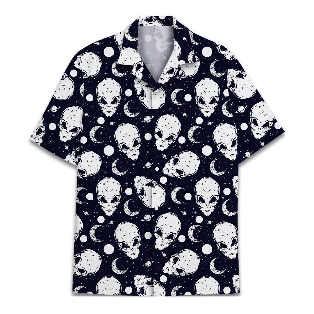 Alien Hawaiian Shirt Men: Summer Beach Vacation Button Down Aloha Top ...