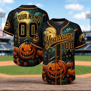 May include: A black baseball jersey with orange trim featuring a Halloween theme with jack-o'-lanterns, a full moon, and a dark forest. The front displays the text Yourteams and the number 00, while the back shows Your Name and 00.