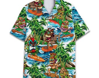 Funny Surfing Tiki Hawaiian Shirt For Men Aloha Summer Beach Tikis Mens Hawaiian Shirts Short Sleeve Button Down Shirt Men