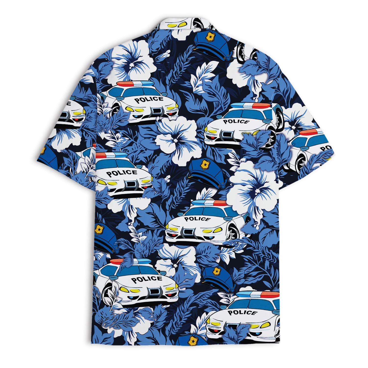 警察シャツ(夏)ワッペン付き　レプリカ　撮影用　希少 Blue Hibiscus Police Car Hawaiian Shirt, Tropical Policeman Print