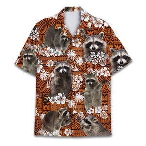 Funny Raccoon Hawaiian Shirt for Men Flower Aloha Tropical Casual Mens Hawaiian Shirts Short Sleeve Button Down Men