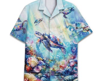 Camisa hawaiana Turtle para hombre: Camisa playera tropical Aloha con botones