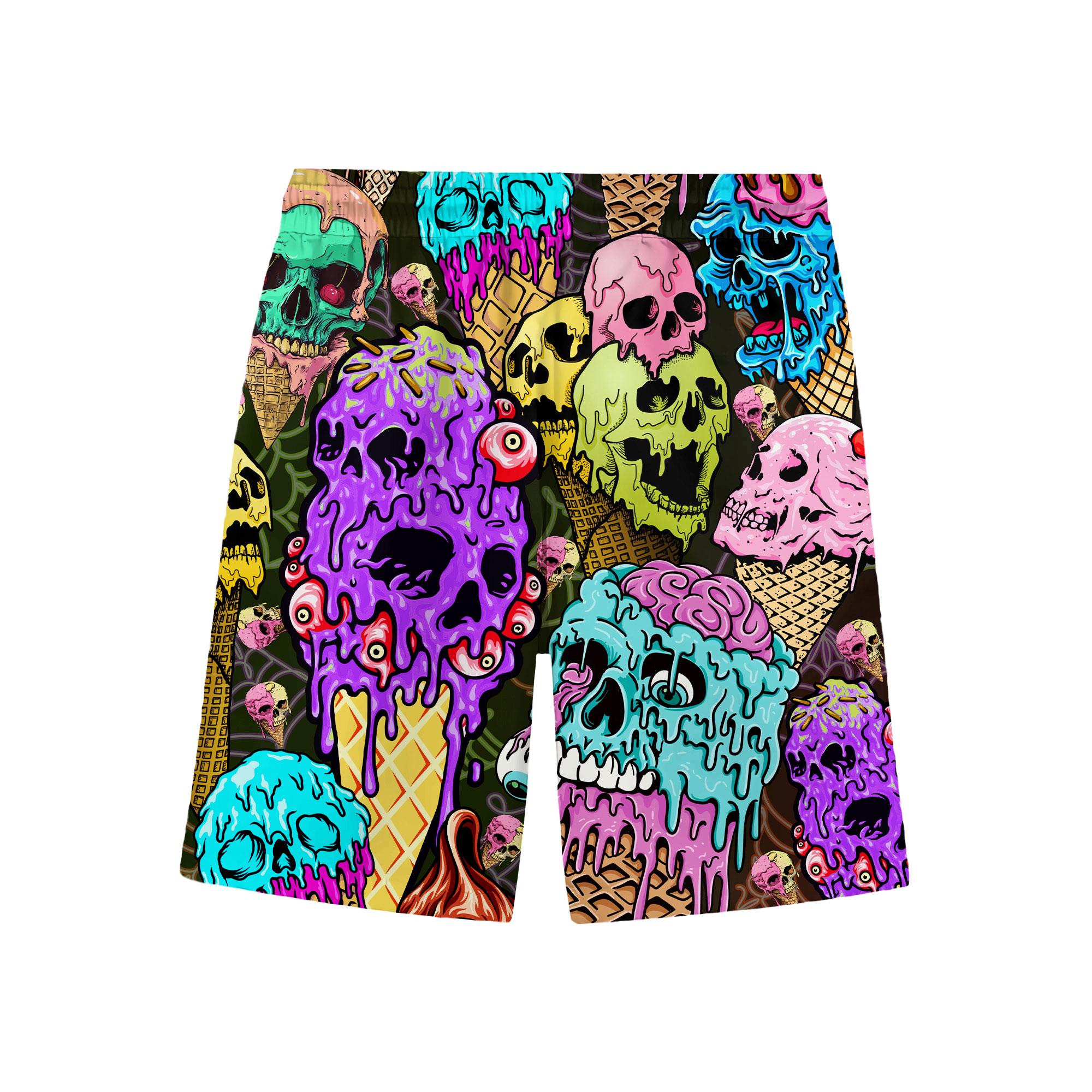 Skull Ice Cream Swim Trunks, Funny Horror Beachwear, Neon Gothic