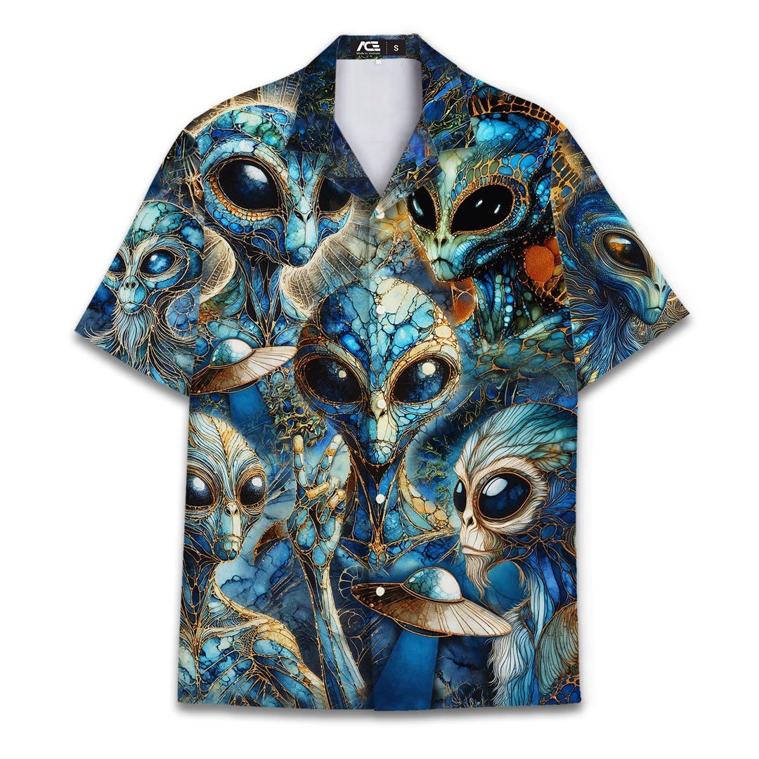 Magic Golden Art Alien Hawaiian Shirt for Men Vintage Aliens Mens ...