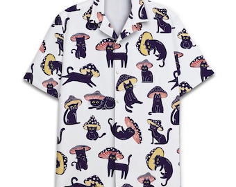 Black Cat Mushroom Hawaiian Shirt, Funny Button-Down Aloha Shirt
