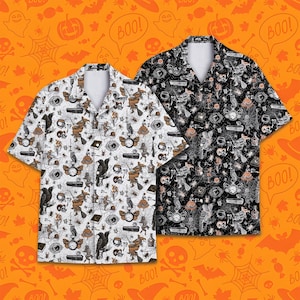 Mens Halloween Hawaiian Shirt Vintage Button Down Happy Halloween Shirt for Men Spider Witch Skull Shirt 2