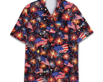 Camisa hawaiana con fuegos artificiales y bandera estadounidense - Camisa aloha retro para hombre