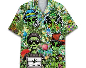 Funny Marijuana Alien Hawaiian Shirt, Mens Short Sleeve Button Down