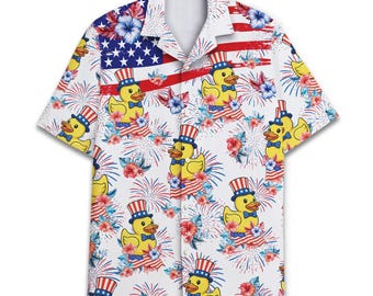 Camisa hawaiana con patito de goma y bandera estadounidense: Camisa floral abotonada para hombre