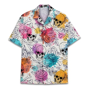 Colorful Floral Skull Hawaiian Shirt for Men Aloha Skeleton Mens Hawaiian Shirts Casual Short Sleeve Button Down Shirt Men