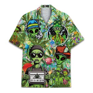 Lustiges grünes Marihuana Alien Hawaiihemd für Männer UFO Aliens Herren Hawaiihemden Kurzarm Button Down Shirt Herren
