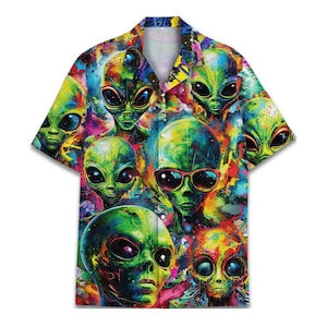 Neon Outer Space Alien Hawaiian Shirt Alien Galaxy Hawaiian Shirts Casual Short Sleeve Button Down Shirt Men
