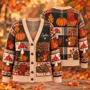 Personalized Fall Thanksgiving Cardigan, Pumpkin Leaf Autumn Sweater With Custom Name