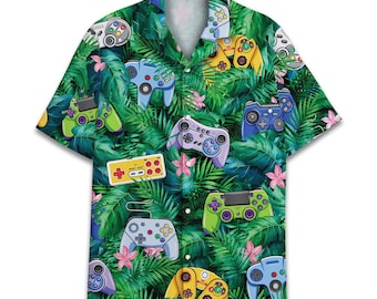 Camicia hawaiana con bottoni a maniche corte da uomo con motivo floreale tropicale da videogioco