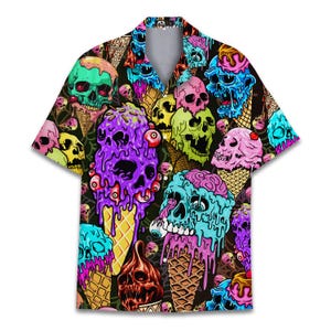 Colorful Ice Cream Skull Halloween Hawaiian Shirts For Men Skeleton Mens Hawaiian Shirts Short Sleeve Button Down Shirt Men