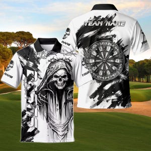 May include: A white and black polo shirt featuring a graphic of a hooded skull wearing a crown of thorns on the front and a circular dartboard design with skulls on the back. The shirt includes text placeholders reading TEAM NAME and NAME.