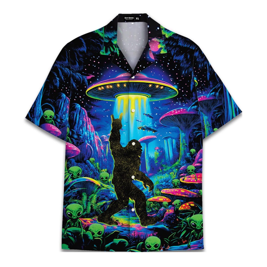 Retro Mushroom Alien Bigfoot Hawaiian Shirt for Men UFO Sasquatch Mens ...