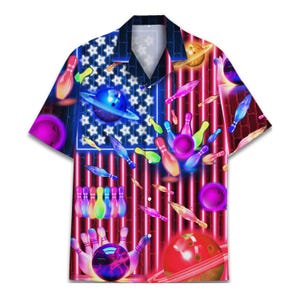 May include: A short-sleeve button-down shirt featuring a vibrant neon graphic print. The design combines a stylized American flag background with glowing bowling pins, bowling balls, and planetary rings in shades of pink, blue, and yellow.
