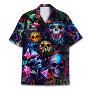 Retro Halloween Skull Hawaiian Shirt For Men Vintage Neon Skull Mens Hawaiian Shirts Short Sleeve Button Down Shirt Men