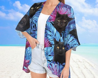 Black Cat Kimono for Women, Tropical Beach Cover Up, Chiffon Wrap, Gift for Cat Lover