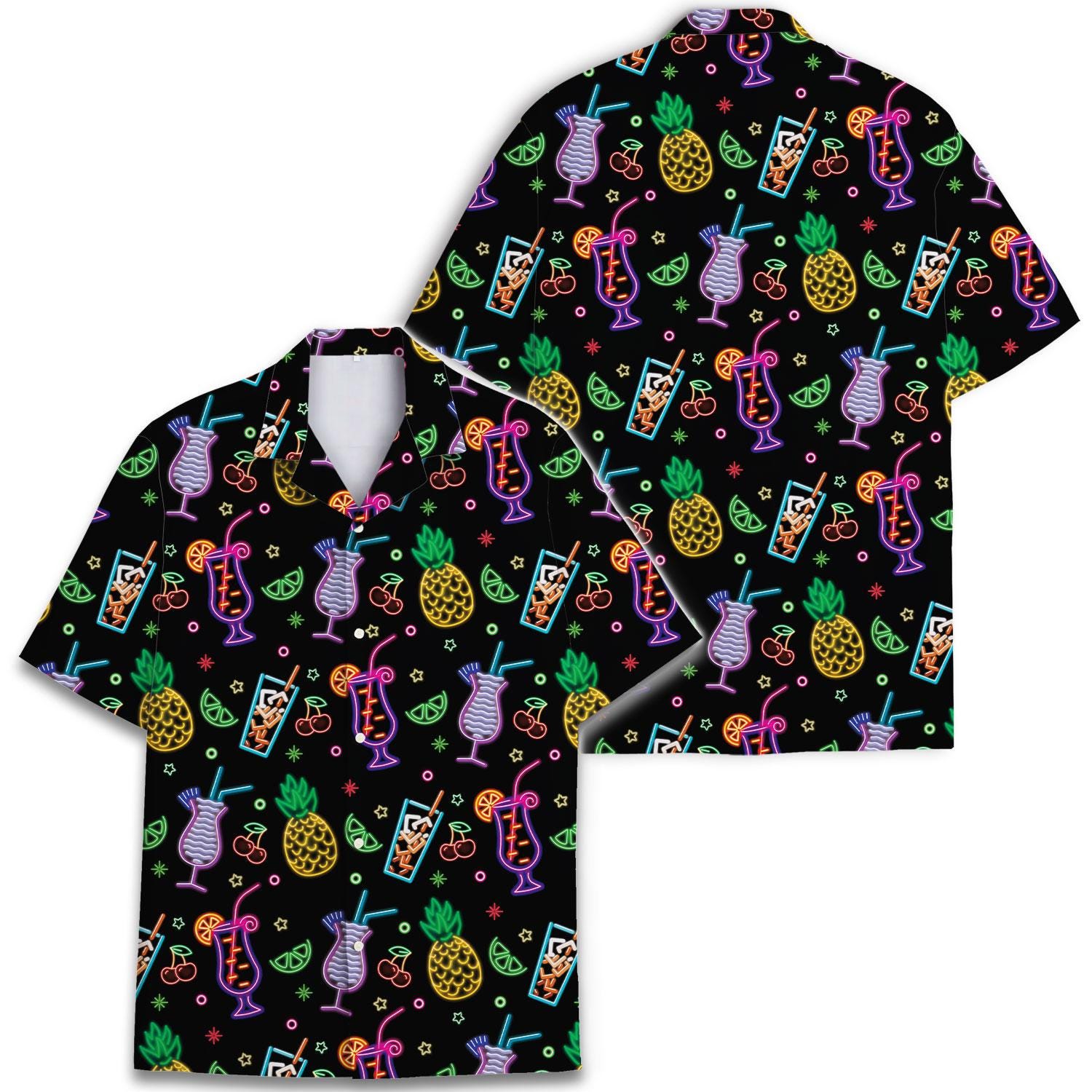 Discover Tropical Hawaiian Shirt, Neon Pineapple Cocktail Drinks Shirt