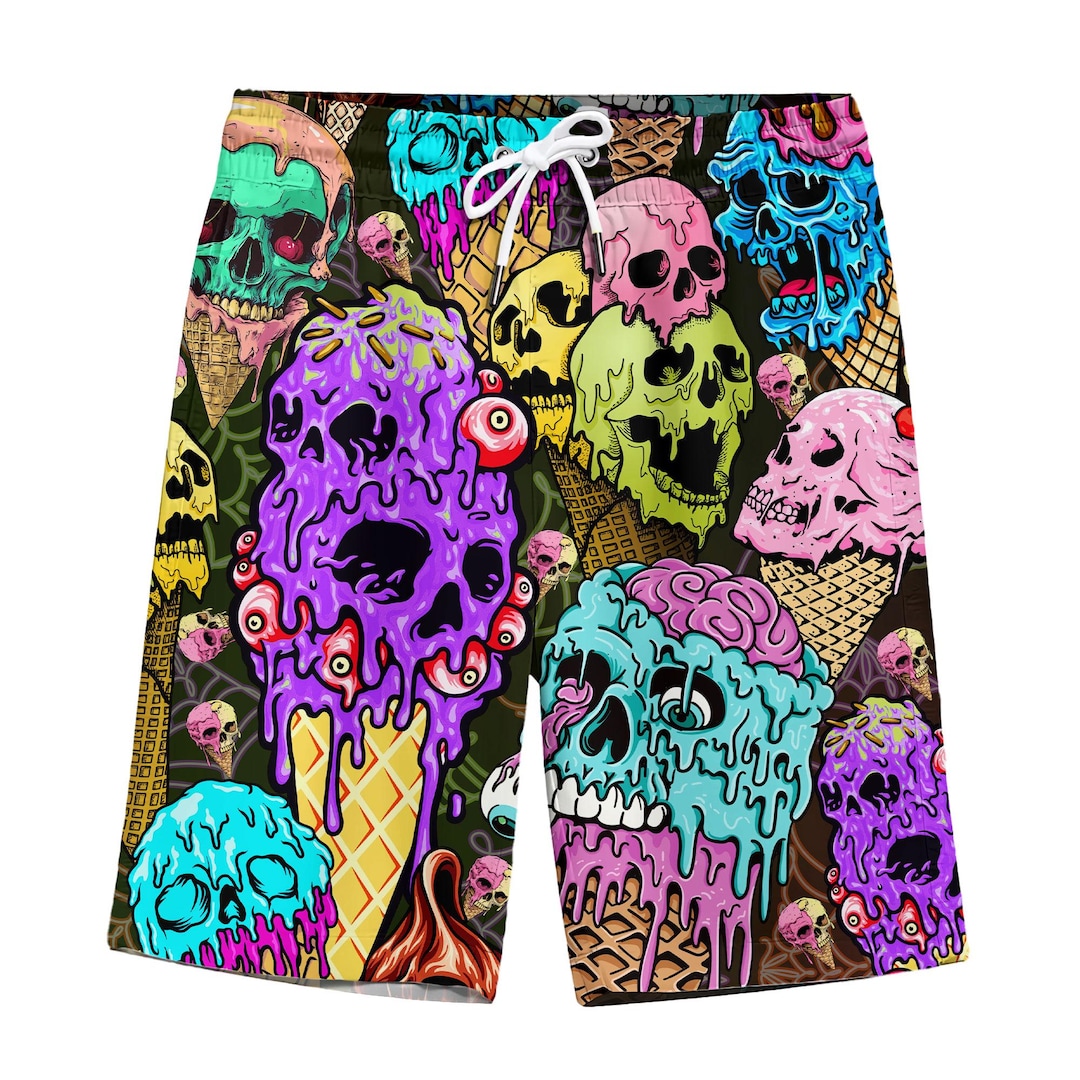 Skull Ice Cream Swim Trunks, Funny Horror Beachwear, Neon Gothic