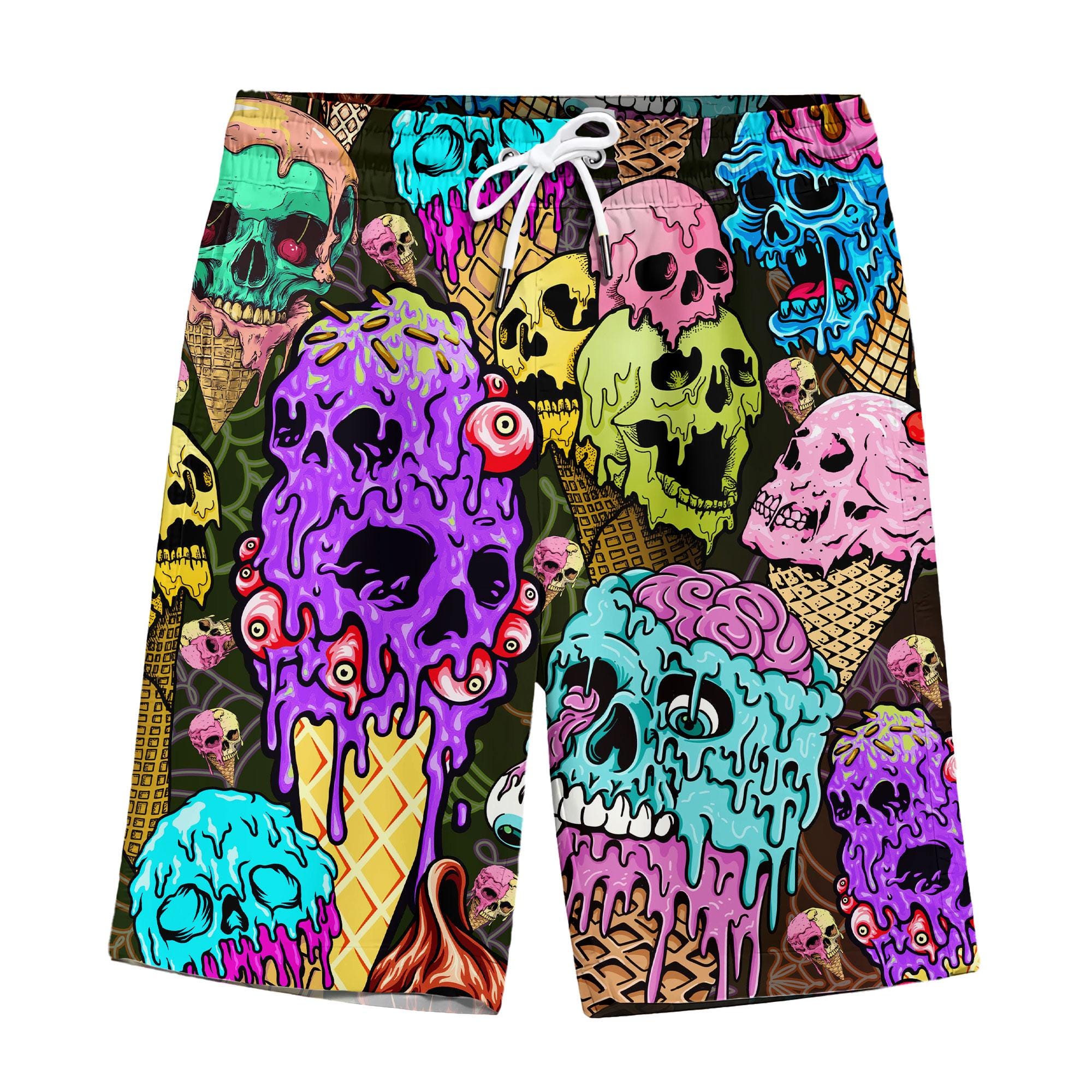 Skull Ice Cream Swim Trunks, Funny Horror Beachwear, Neon Gothic