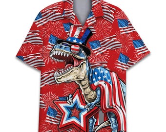 Camicie hawaiane da uomo con dinosauri e bandiera americana, divertente camicia hawaiana a maniche corte con bottoni per il Giorno dell'Indipendenza con dinosauri