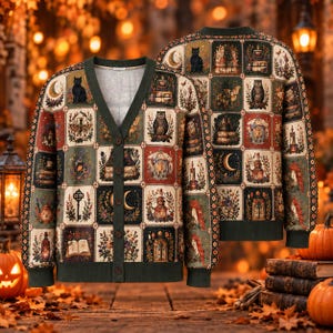 May include: A V-neck cardigan featuring a repeating grid pattern of illustrations including black cats, owls, crescent moons, books, teapots, and botanical elements in shades of dark green, brown, and cream with a dark green button-front closure.