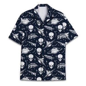 Alien Hawaiihemd für Männer, Alien Hawaiihemd, lustiges Alien Hemd, Alien Casual Button-Down Hemden Kurzarm