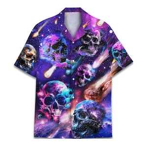 Solar Eclipse Moon Skull Hawaiian Shirts For Men Galaxy Space Planet Mens Hawaiian Shirts Short Sleeve Button Down Shirt Men