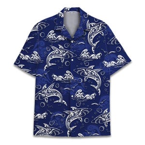 Retro Funny Shark Surfing Men's Casual Button-Down Shirts Mens Tropical Floral Blue Ocean Hawaiian Shirt Short Sleeve for Men