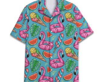 Flamingo Hawaiian Shirts for Men, Tropical Flamingo Hawaiian Shirt, Flamingo Casual Button-Down Shirts Short Sleeve