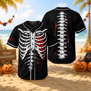 May include: A black button-down baseball jersey featuring a white rib cage graphic on the front and a white human spine graphic on the back. The design includes red accents and splatters, with white piping along the collar and button placket.